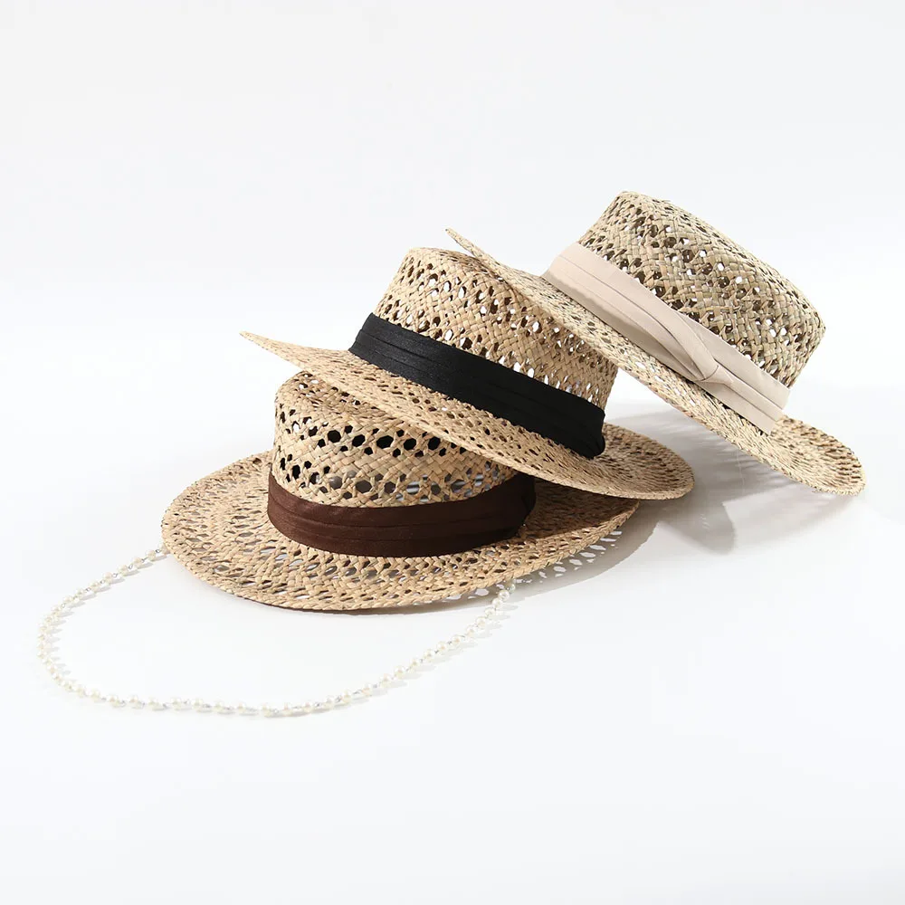 European American Hollow Straw Hat With Pearl Chain Women UV Sun Hat Summer Beach Shade Cap