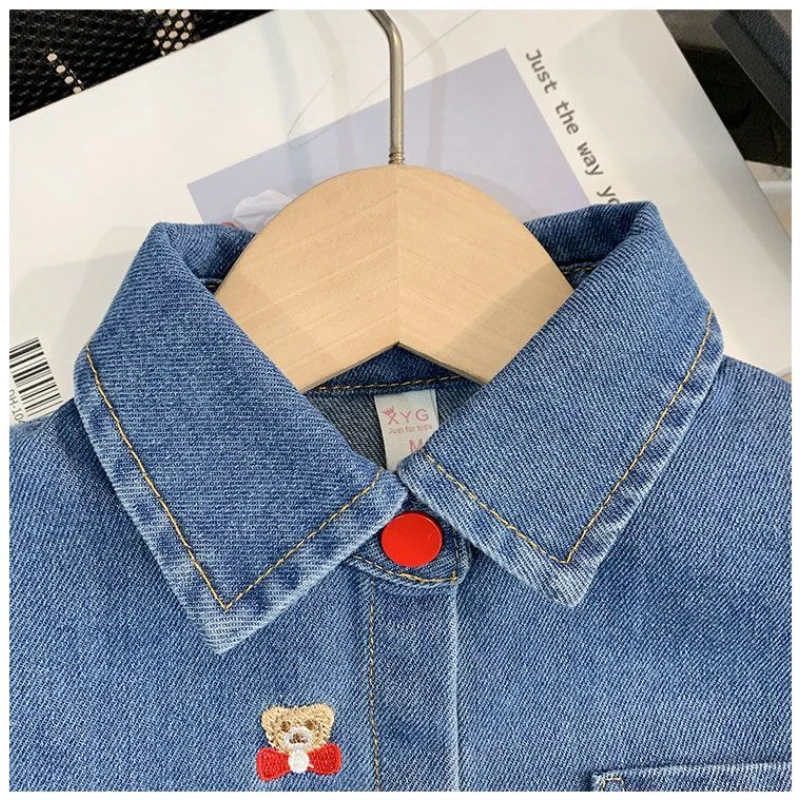 Camisa jeans bordada infantil, Tops com padrão de urso, camisas jean, fofas, princesa, casual, meninas, nova chegada, outono, inverno, 2022