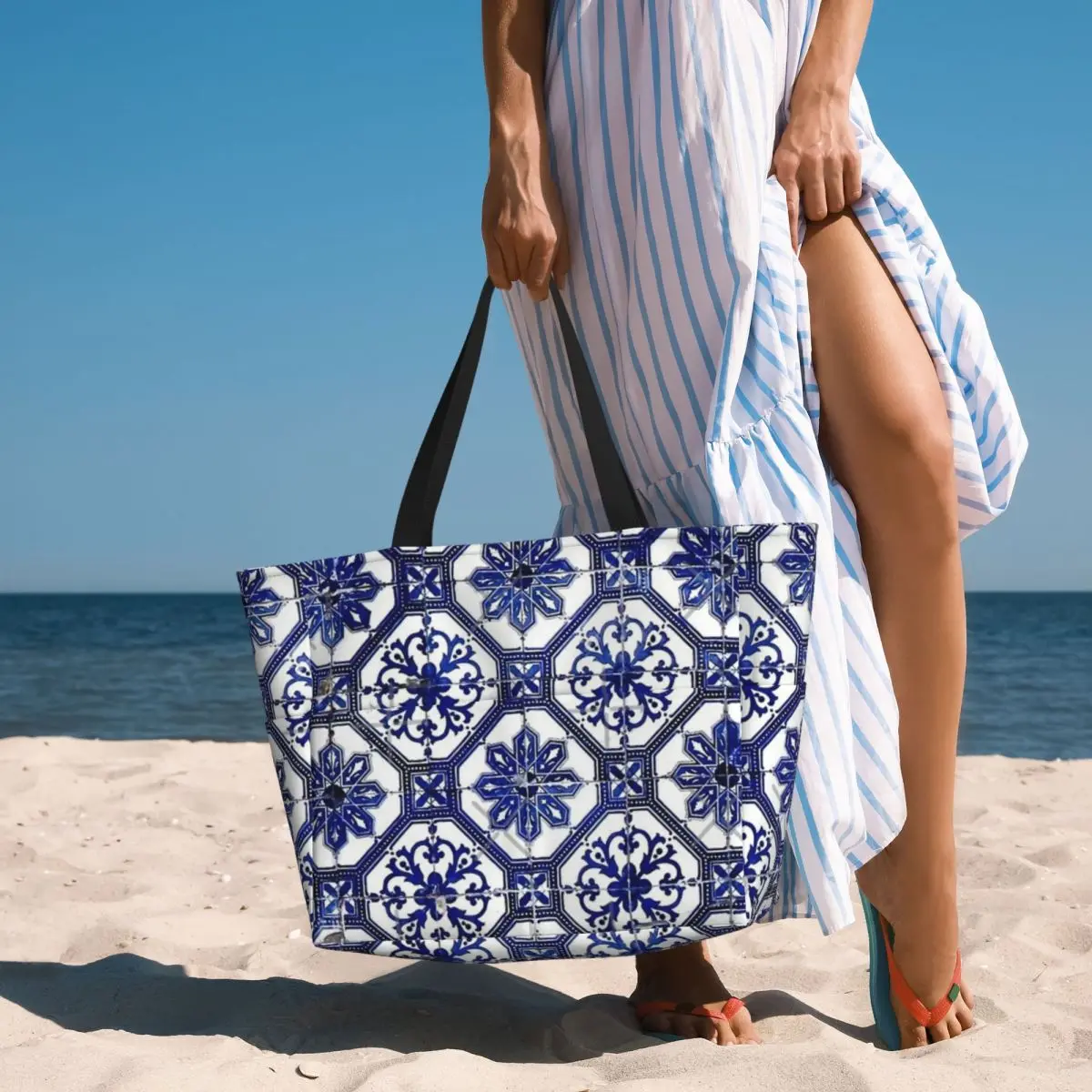 Borsa da viaggio da spiaggia in piastrelle portoghese blu e bianca, borsa a tracolla per regali per adulti alla moda modello Multi-stile