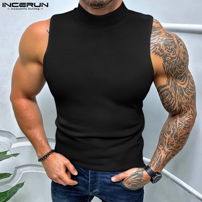 

INCERUN Men Tank Tops Solid Color Turtleneck Sleeveless Male Vests Streetwear 2025 Fashion Summer Skinny Casual Men Clothing