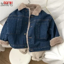 2026 Autumn Winter Children Big Boy Outerwear Coat Fleece Thicken Warm Toddler Boys Denim Jacket Kids Girls Parkas 2-11 Yrs