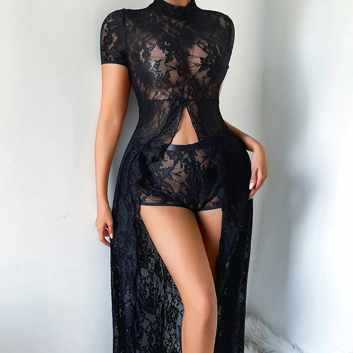 Women's Black Lingerie Exotic Dresses 2Pc Underwear Lace Cheongsam Maxi Dress High Neck Short Sleeve Front Split Sheer Long Gown - view 2