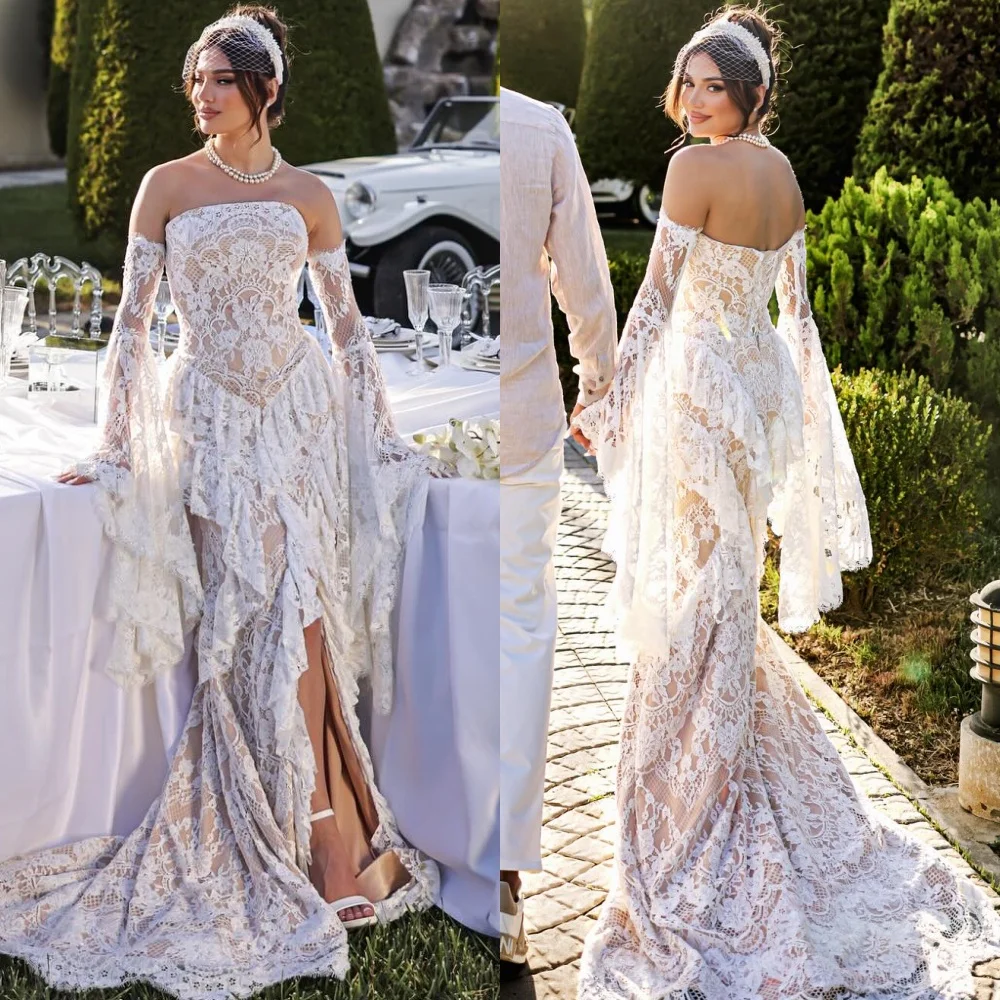 

Customized Modern Style Fashion Lace Ruched Pleat Mermaid Strapless Long Dresses Bespoke Occasion Dresses Sizes Available Formal