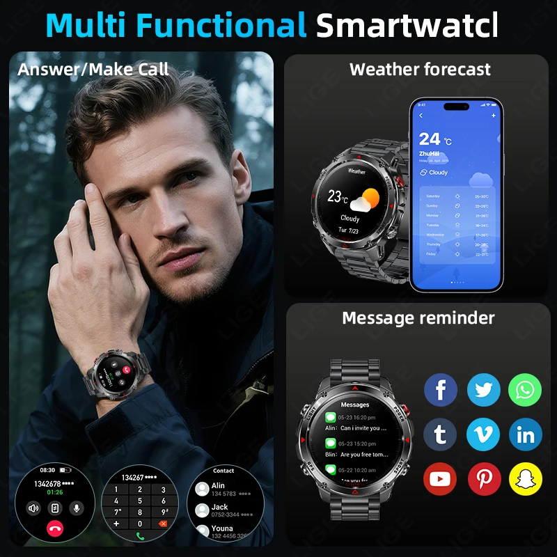 LIGE Nuovo Professionale GPS Sport Smart Watch Outdoor RIDE Run Orologi da uomo Bussola Altimetro 3ATM 540mAh Torcia a LED Bracciali
