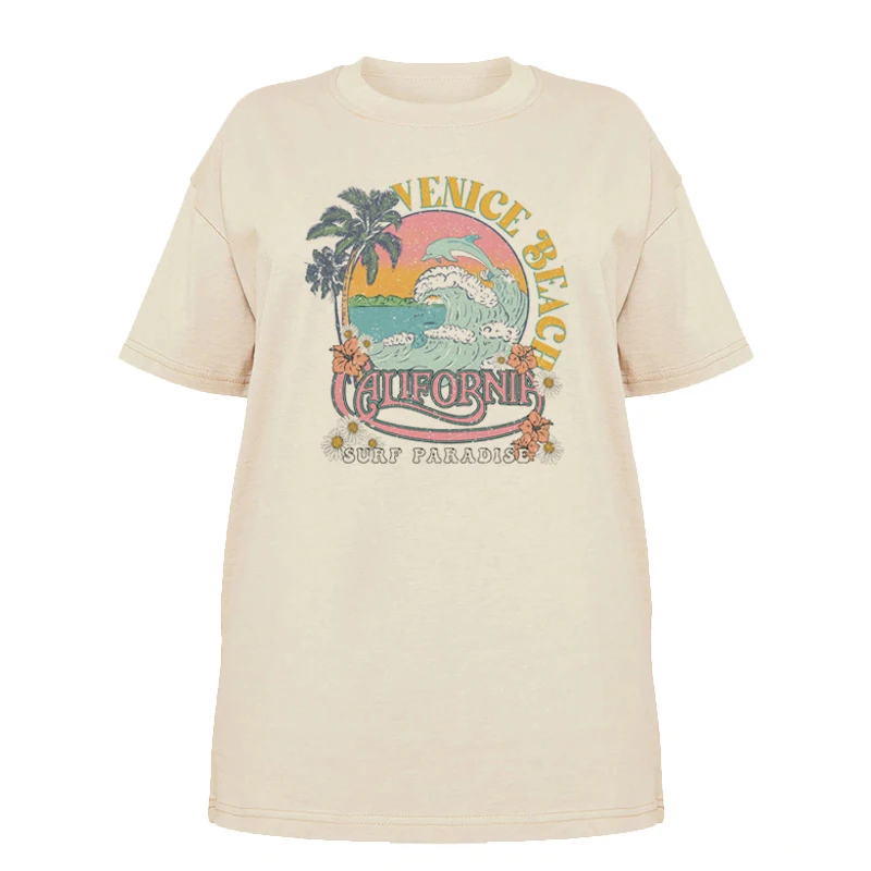 Venice Beach Palm Trees Oversized T-Shirts Women 2023 Summer Vintage California Surf T Shirt Cute Vacation Graphic Tees Tops