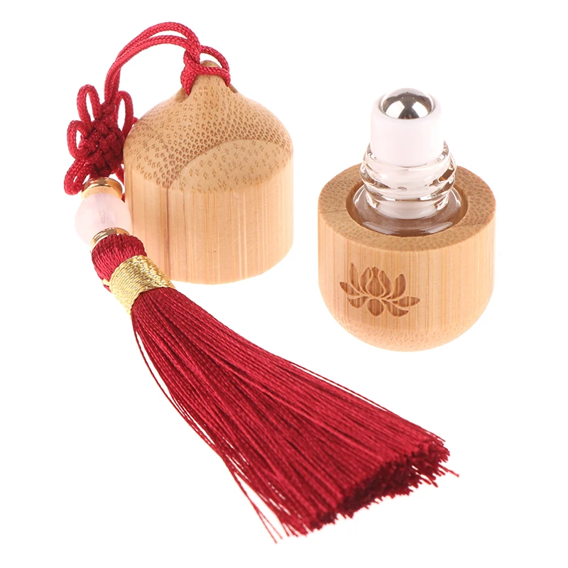 فارغة 1 مللي زجاجة دوارة من الخيزران حاويات العناية بالبشرة النمط القديم لفة على زجاجات عطر صغير زيت طبيعي مع قلادة