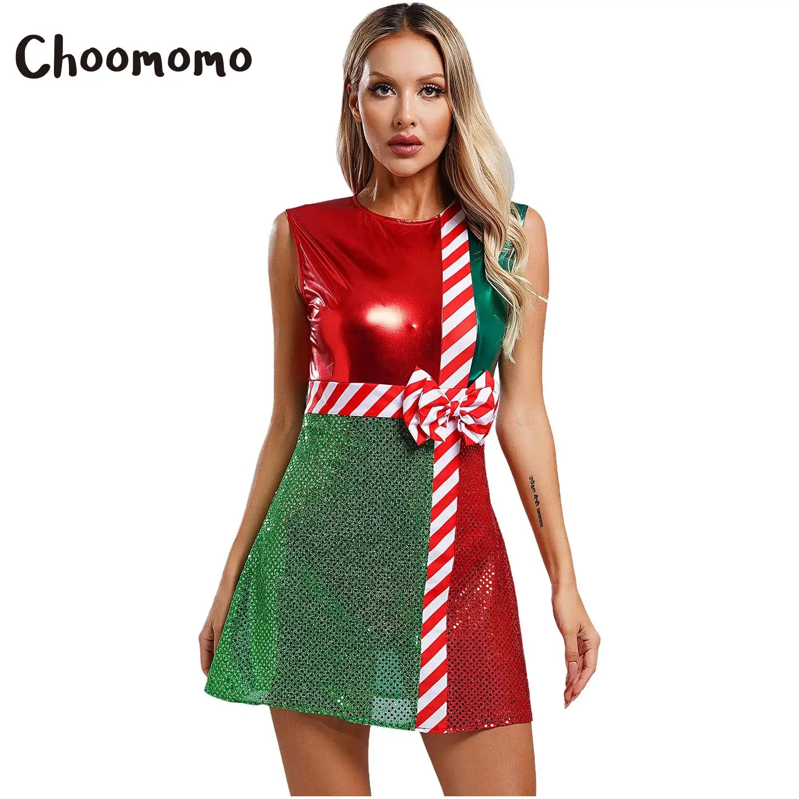 

Women Christmas Mrs Santa Dress Sleeveless Candy Cane Sequins Stripes Leotard Tutu Dress New Year Party Cosplay Elf Costumes