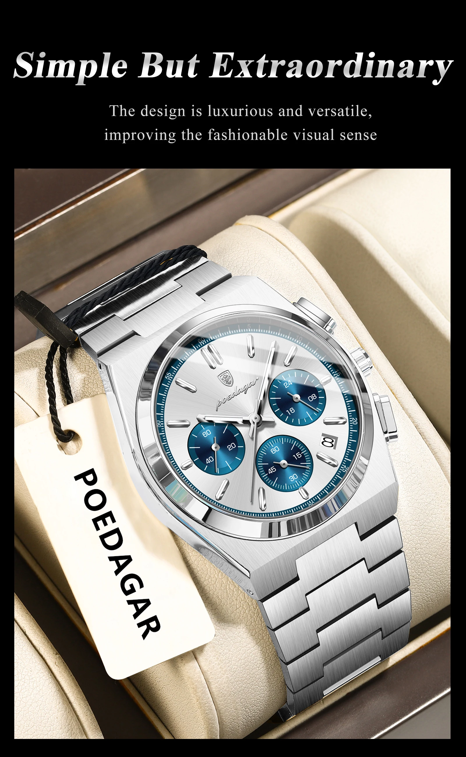 POEDAGAR Top Mode Mann Armbanduhr Chronograph Datum Edelstahl Business Männer Uhr Wasserdicht Leucht männer Quarz Uhren – Detail 17