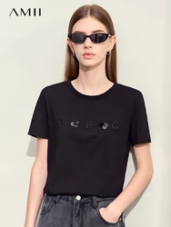 Amii Minimalism Short-sleeve T-shirts For Women 2024 Summer New O-neck Letters Embroidery Fashion Female Casual Tops 12442150