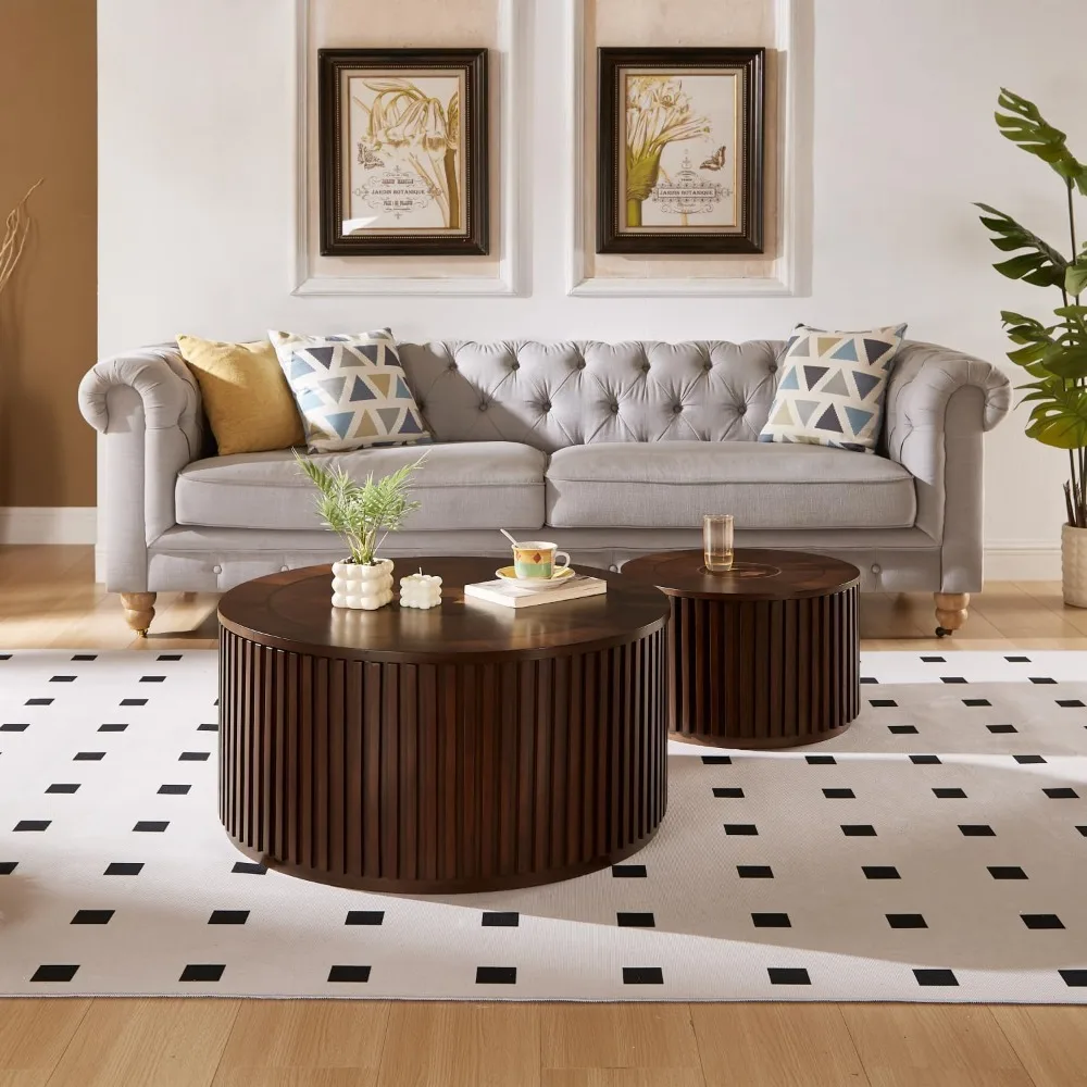 Round Coffee Table Set, Nesting Coffee Tables with Removable Lid, Mid Century Modern Wooden End Table with Large Storage Sp