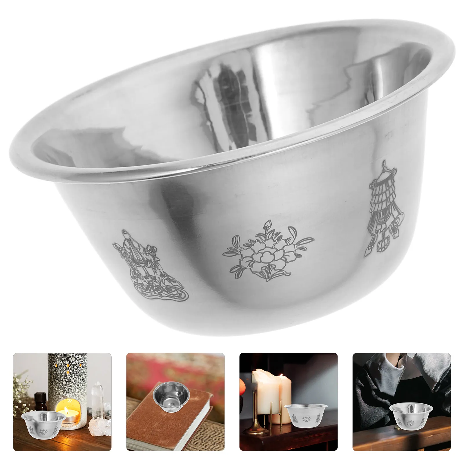 Stainless Steel Offering Bowl Set Gilded Symbol Design Ritual Water Rice Butter Lamp Altar Meditation Worship