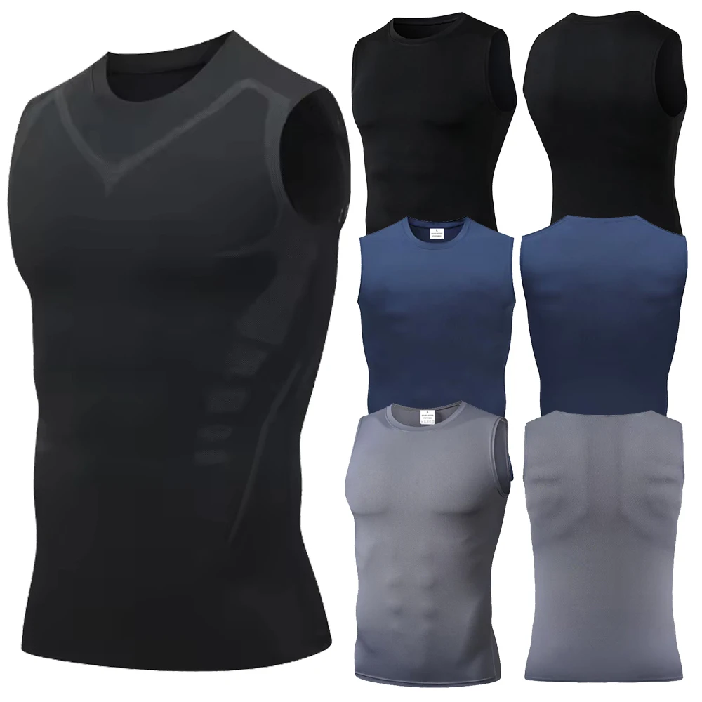 Gilet de mise en forme ionique pour hommes, gilet amincissant en soie glacée, chemises de Compression, débardeur, manches de contrôle du ventre, chemises de Fitness