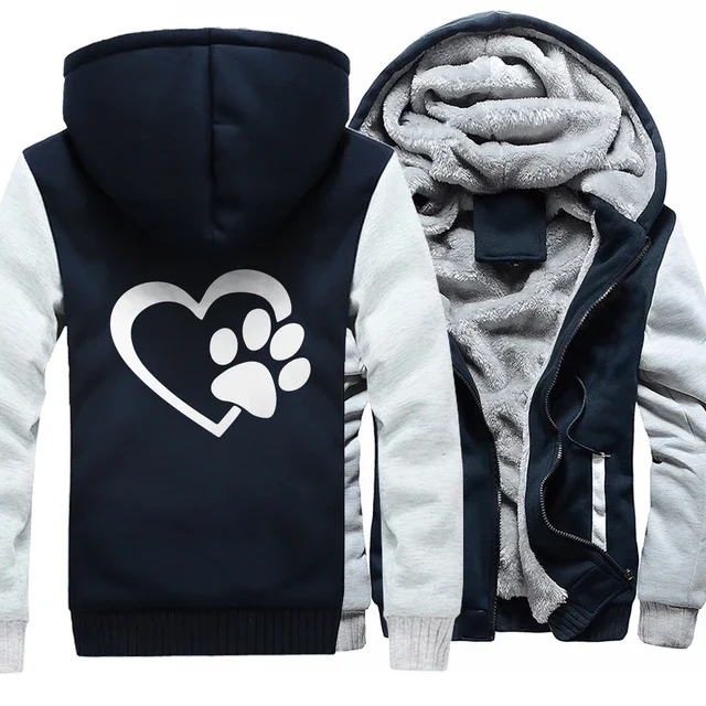 New Men Jacket Dog Paw Printed Patchwork Ziper Hooded Autumn Winter Fashion Casual Warm Harajuku Streetwear Male Coat