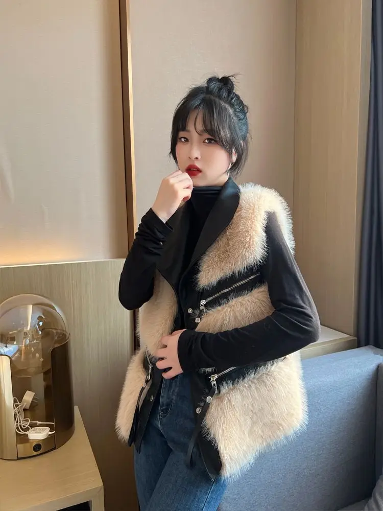 Fur Vest Women\'s Coat 2024 Autumn and Winter New Patchwork Vest Fur One-piece Vest Short Jacket