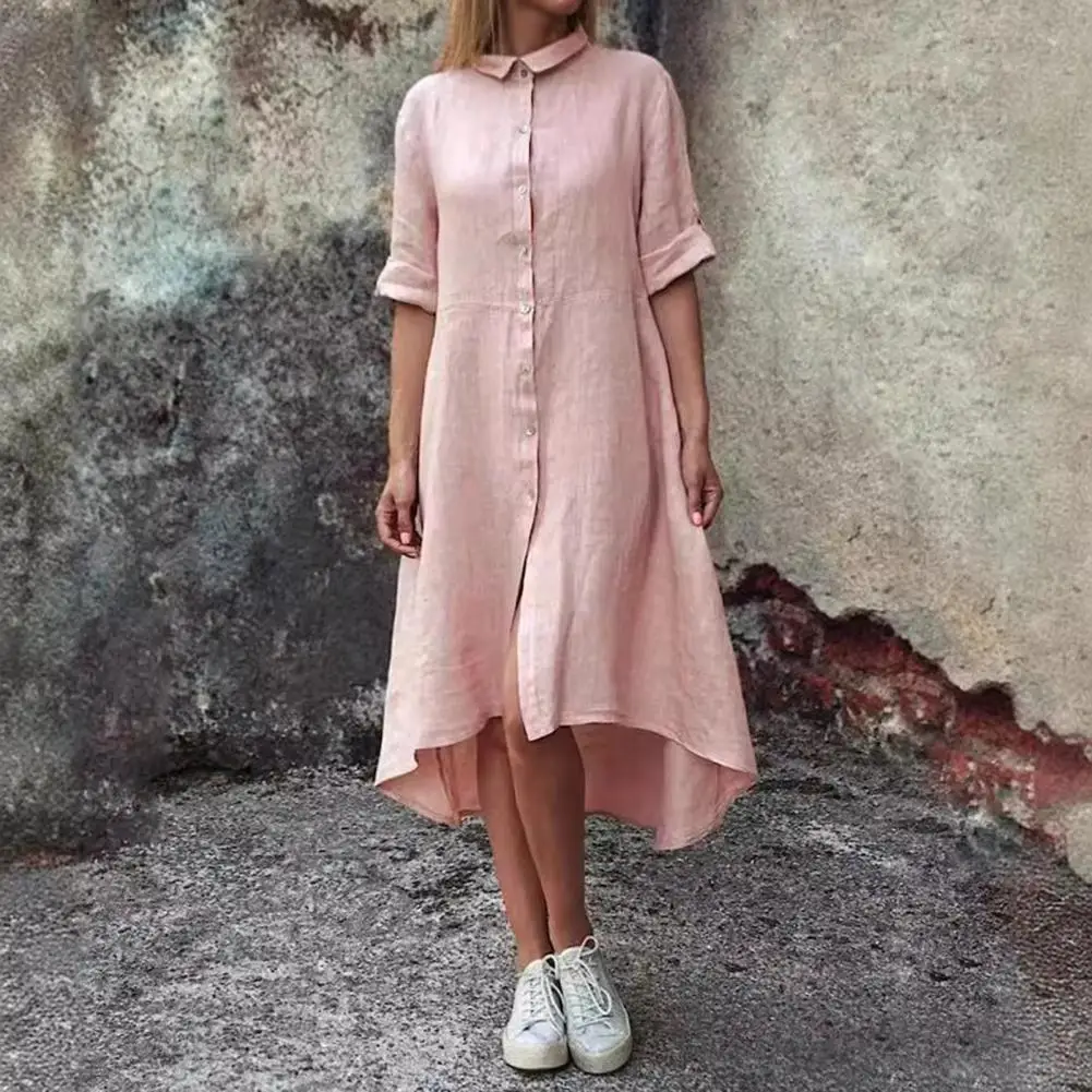 

Women Loose Fit Dress Stylish Fall Women's Midi Dress Irregular Hem Single-breasted Lapel Solid Color A-line for Summer Commute