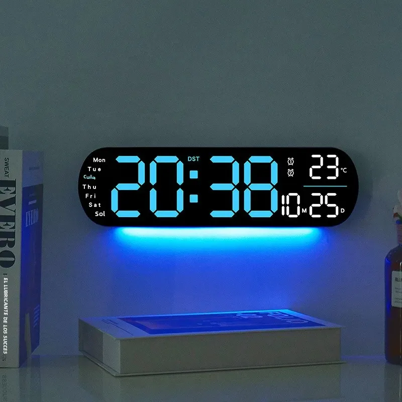 Reloj de pared Digital con Control remoto de 13,78 pulgadas, iluminación del estado de ánimo, temporizador, cuenta atrás, 2 alarmas, atenuador automático, enchufe DST, reloj despertador LED