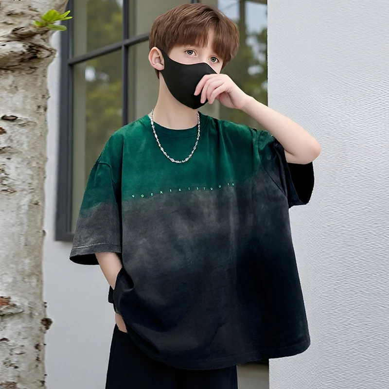 

New Summer Young Kids Tie-Dye Clothes Streetwear Print T-shirt Short Sleeve Tees Tops Boys Cotton Tshirts School Clothing 5-14Y