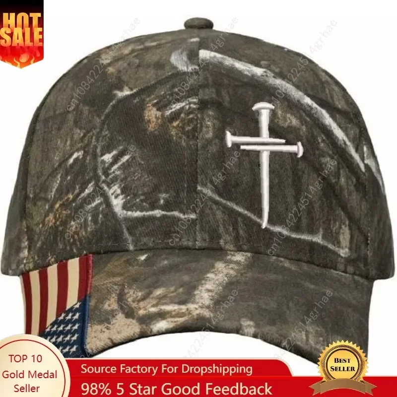 

Christian Cross Baseball Cap, Religious 3 Nail Design, Mossy CAMO HAT with White Cross Jesus Christian Hat Choices mesh Back or