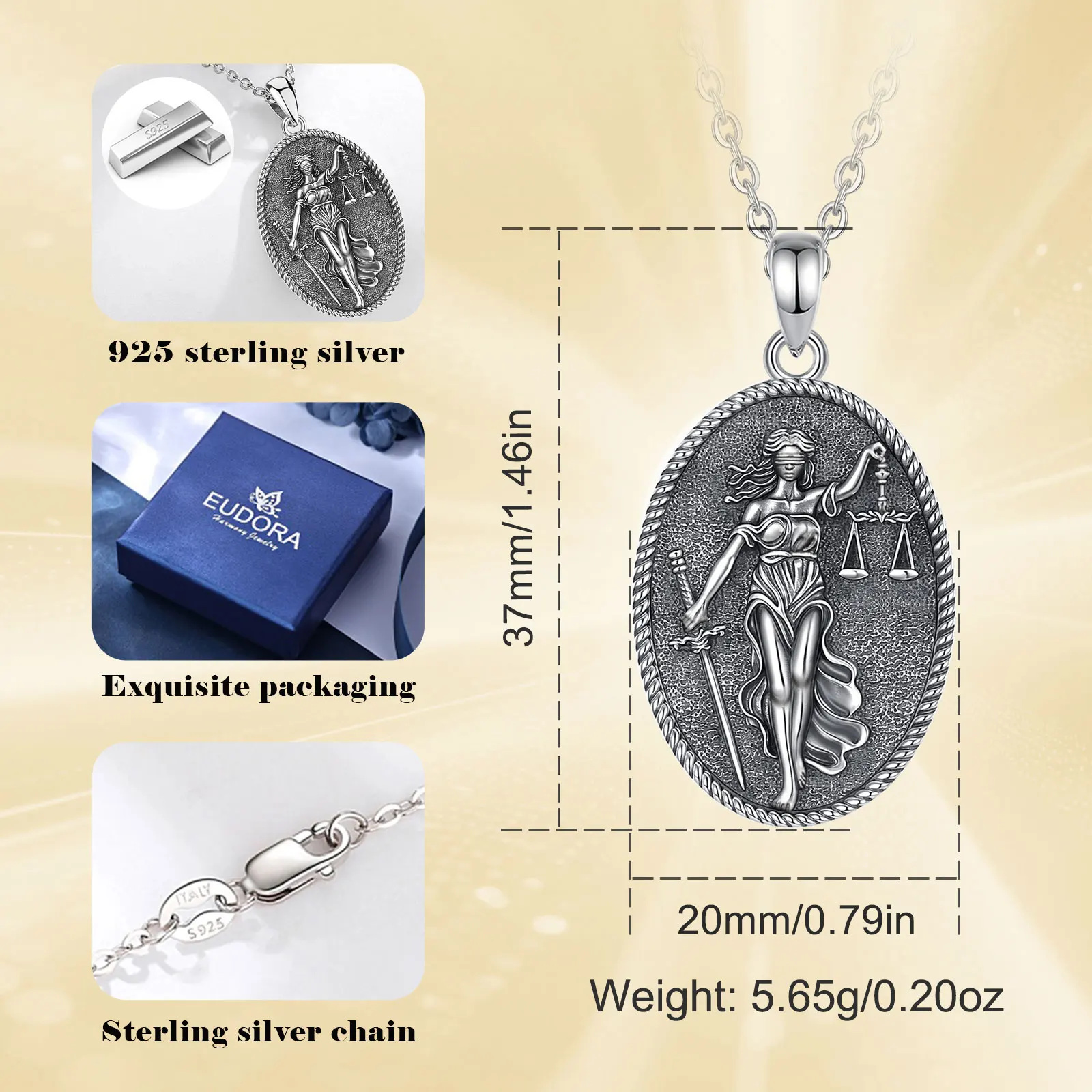 Eudora 925 Sterling Silver Themis Goddess of Justice Necklace Sword Balance Scales Pendant  Wicca Pagan Jewelry Gift for Unisex