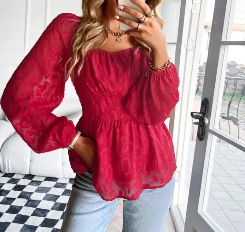 Top Women Casual Women\'s T-Shirt Autumn Fashion Loose Mesh Print Square Neck High Waisted Daily Women\'s Chiffon Long Sleeved Top