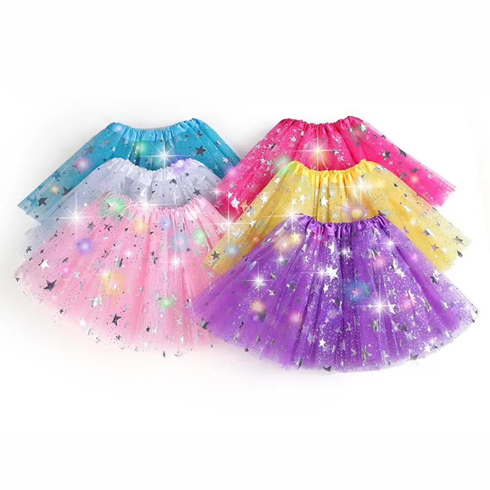 LED Glowing Light Women Tulle Star Skirt Short Tutu Mini Skirt Adult Ballet Dancewear Bouffant Skirt Big Pentacle Net Gauze Skir