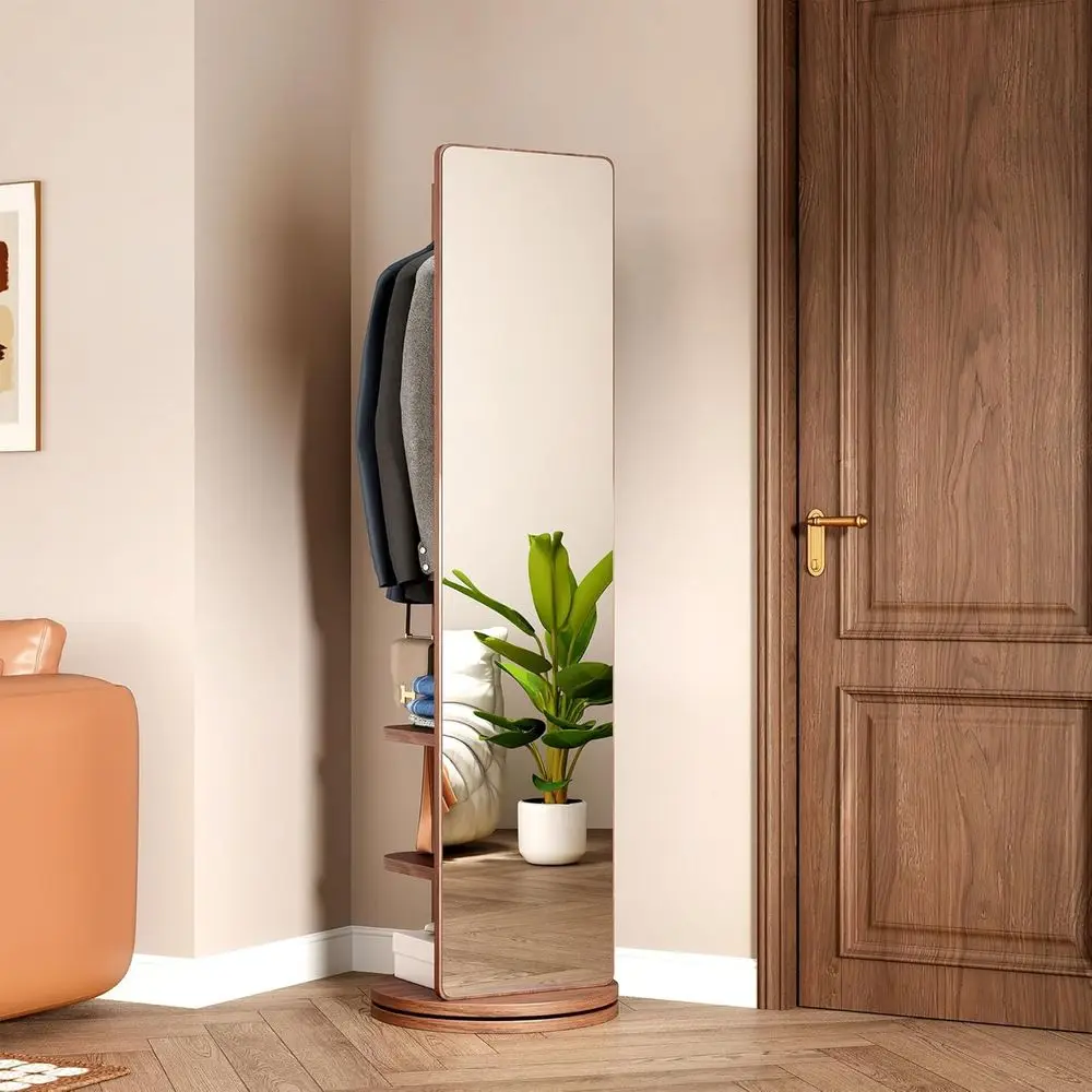 

69 Tall Walnut Wood Coat Rack with 360° Swivel Mirror and Storage Hooks for Home