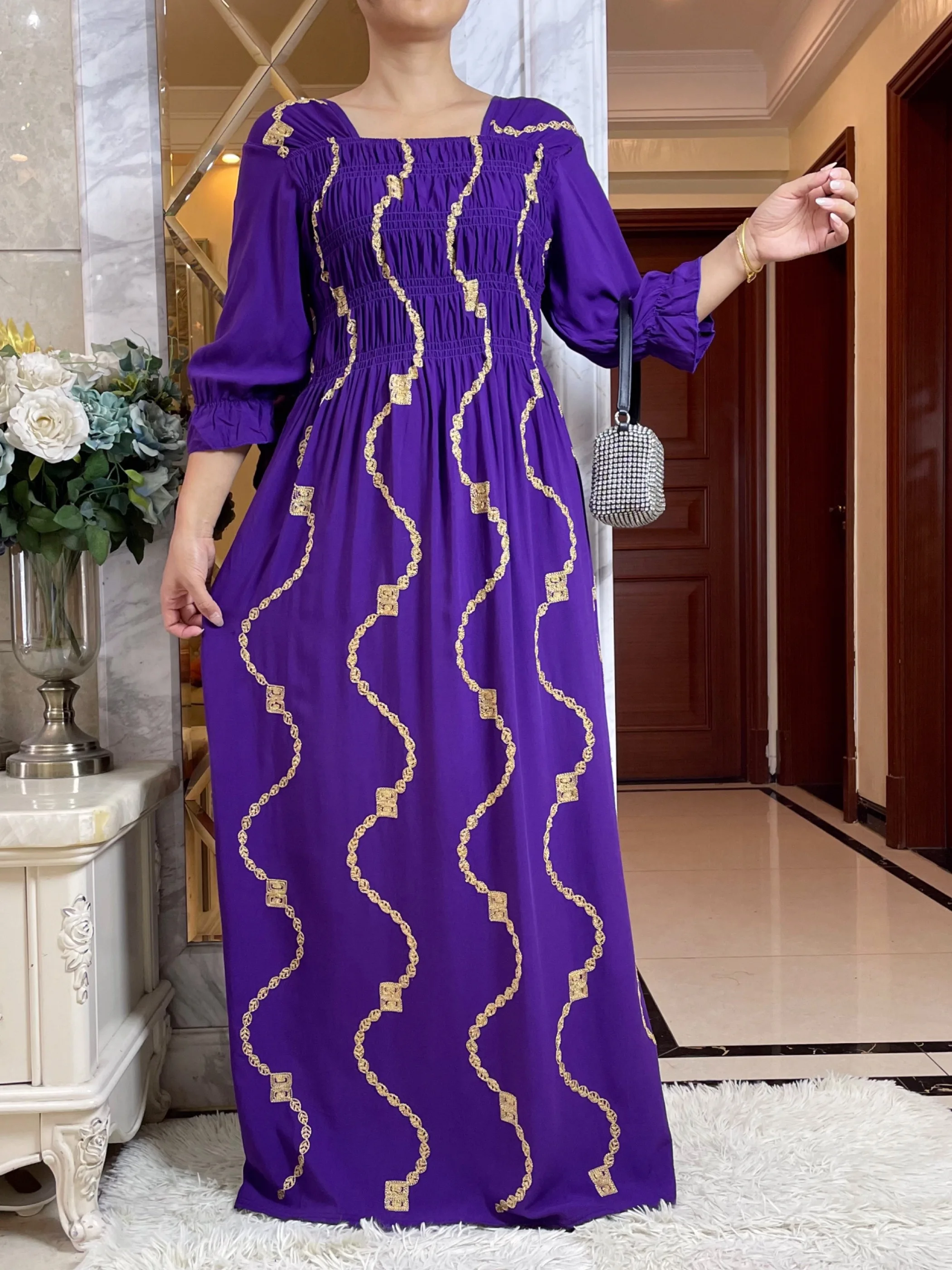 African Women Dashiki  Cotton Embroider Dress Printing Apple Design Quarter Sleeve Collect Waist Straight Loose African Clothing