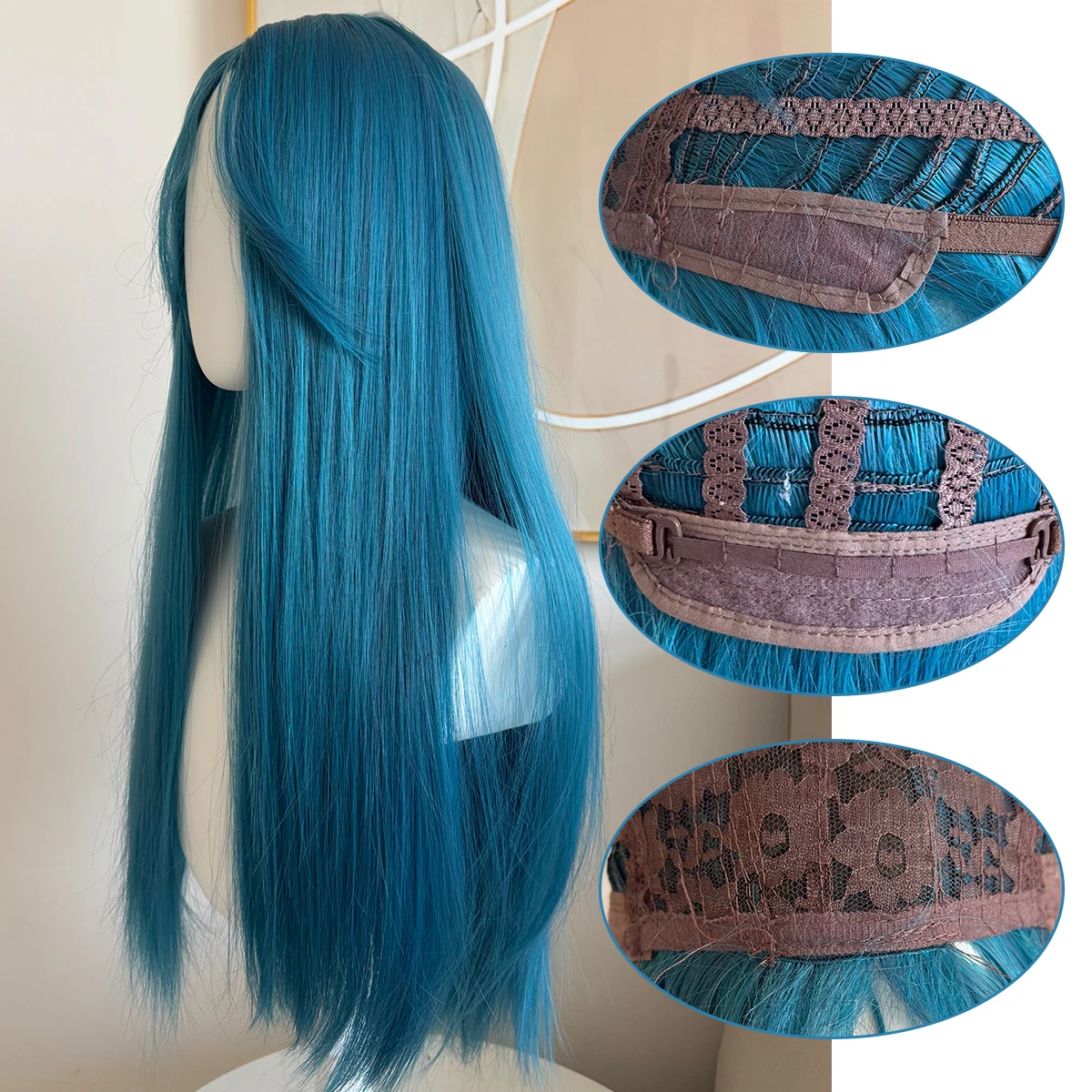 Synthetic lake blue long straight hair wig women's eight-character bangs natural curly heat-resistant wig image 5