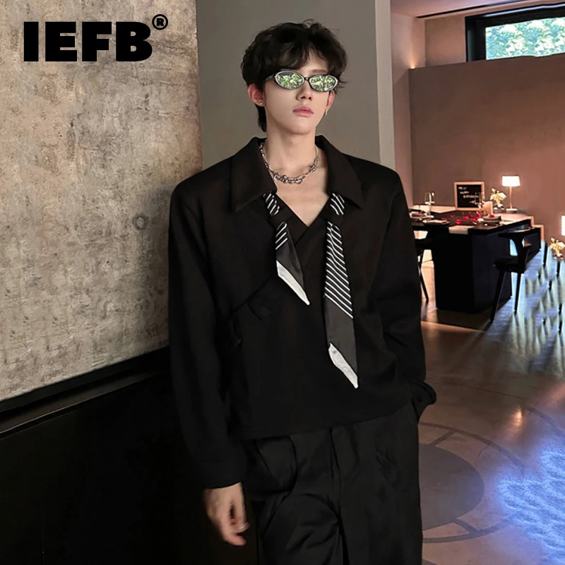 IEFB New Autumn Men's Sweatshirts Turn-down Collar Patchwork Scarvf Solid Color Casual Korean Style Pullover Male Tops 9X916