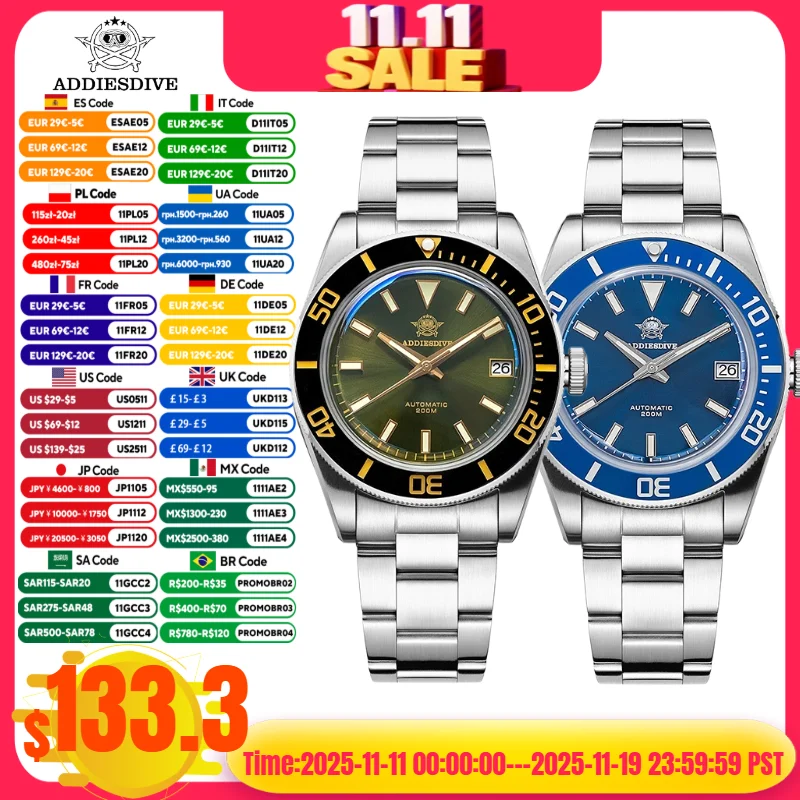 ADDIESDIVE Diver Watch Luxury Business Sapphire AR Coated 200m Waterproof Luminous NH35 Automatic Mechanical Watch AD2084 New