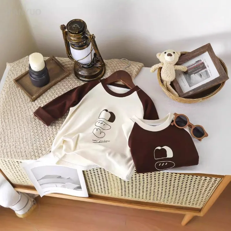 1-8Y Children Velvet Base Shirt 2025 Spring Long Sleeved Casual Tee Baby Girls Boys Patched Color Round Neck Outerwear Tops