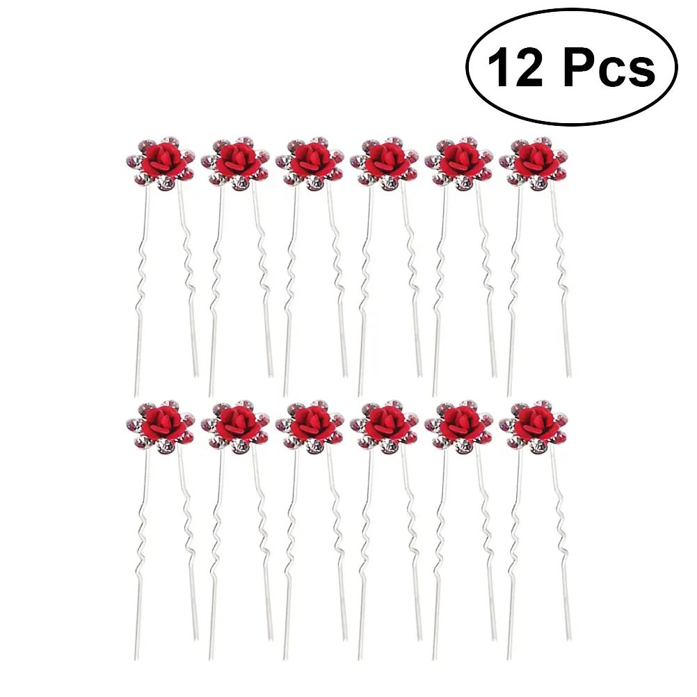 

12 Pcs Hairpin Rhinestone Pearl Flower Clips Wedding Bride Bridesmaid Daily Wear Accessories Women U Shape Hair Clip
