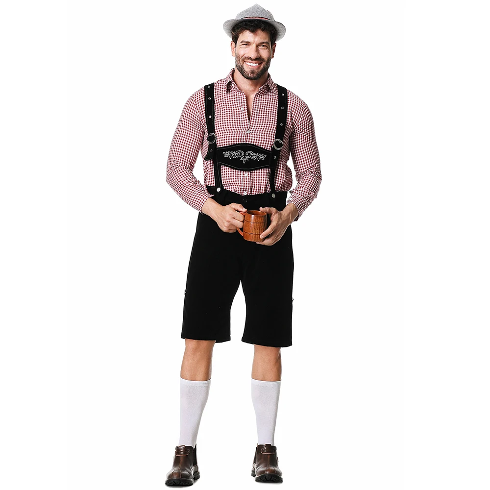 Herren Bayerisches Oktoberfest Lederhosen Kostüm Deutsches Bierfest Hosenträger Strampler Hemd Hut Set Halloween Cosplay Kostüme – Detail 11