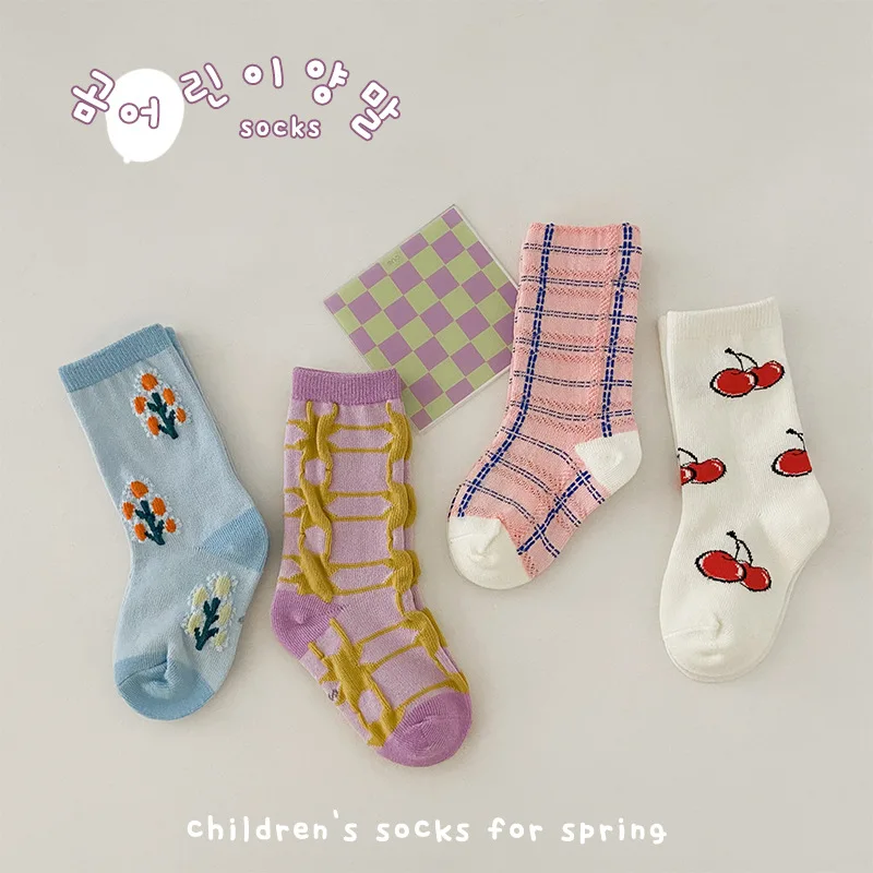 4Pairs Pack 1-8 Year 2022 spring baby socks cute girls plaid socks