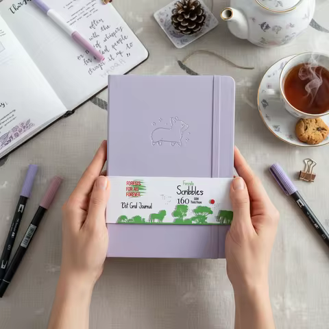 A5 Corgi Dot Grid Notebook Lavender Faux PU Journal 160GSM Ivory Paper 160 Numbered Pages 5x5mm Dotted Diary
