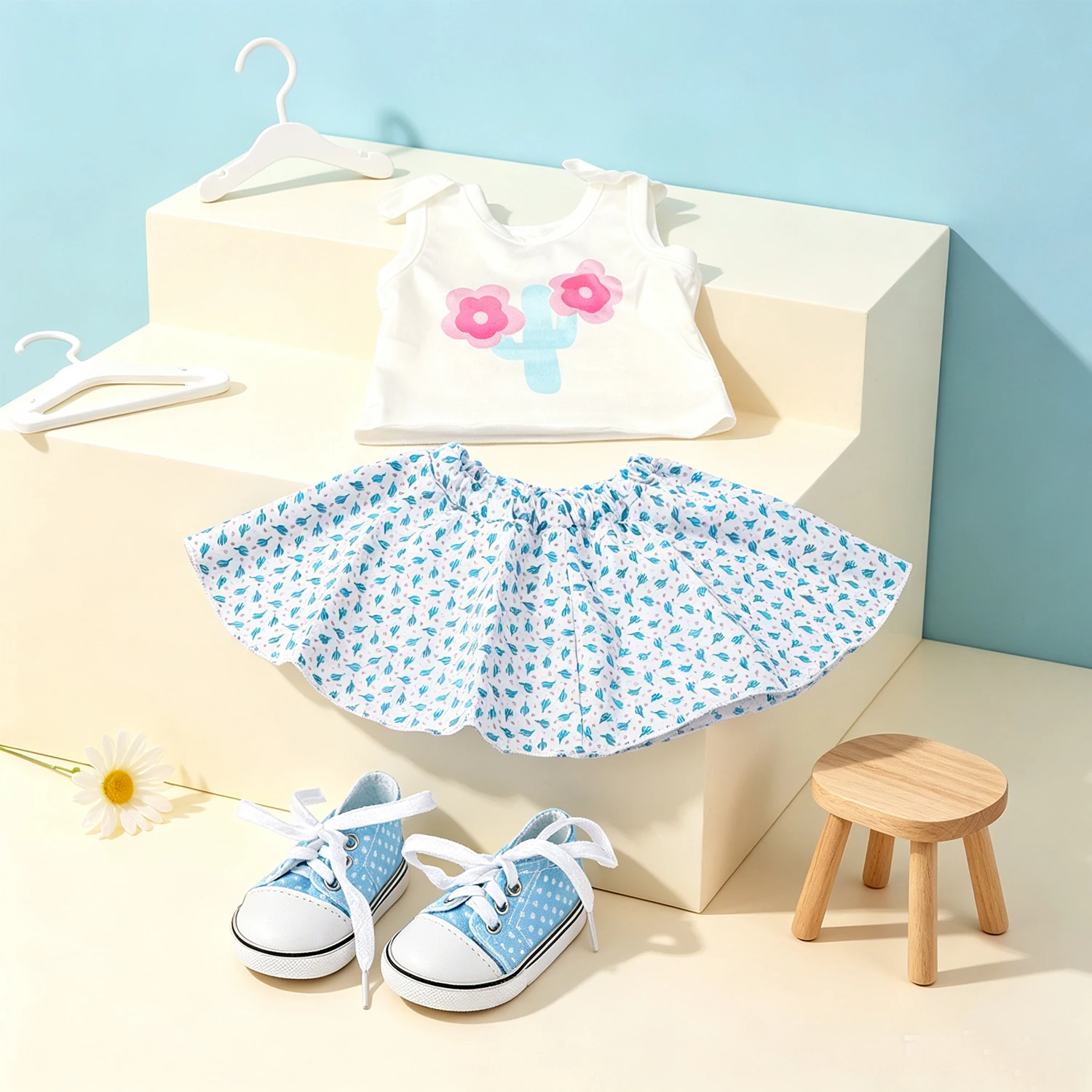 Cute Cartoon Cactus Print Doll Top Skirt Set Polka Dot Canvas Sneakers Fashion Accessories for 18" American & OG Girl Dolls Toy
