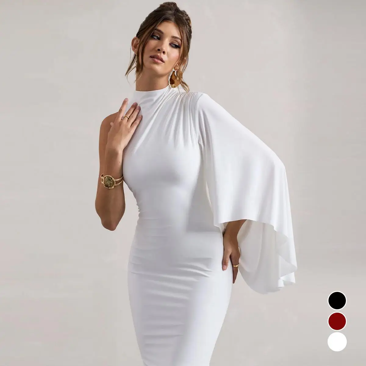 

Sexy Oneoulder Long Sve Dr Ele Splice Bodycon Midi Skirt round Neline Busin Casual Women's Faion Dr