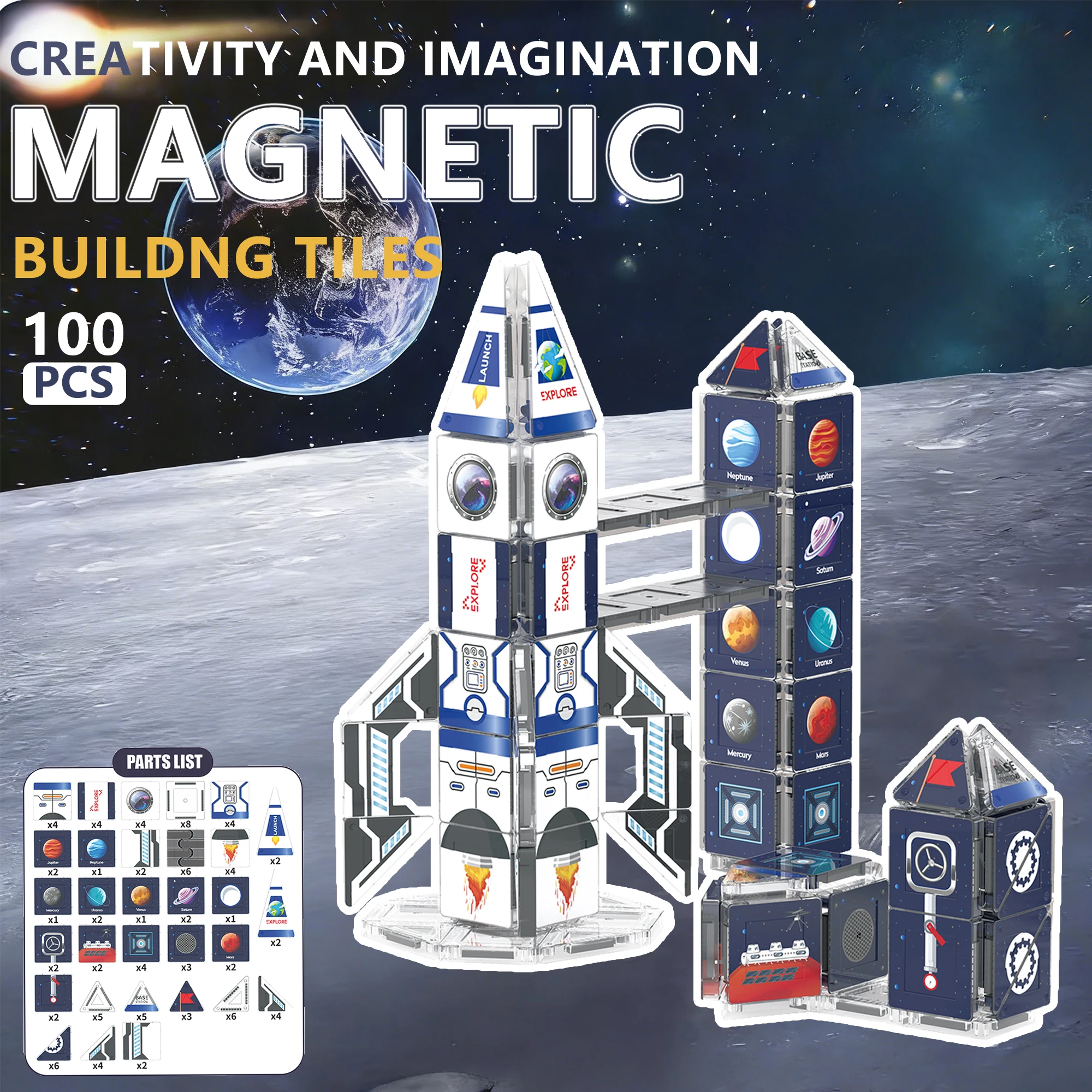 

100PCS Magnetic Space Rocket Base Building Set STEM Travel Toys with Storage Case Educational Magnetic Blocks Creative Gift