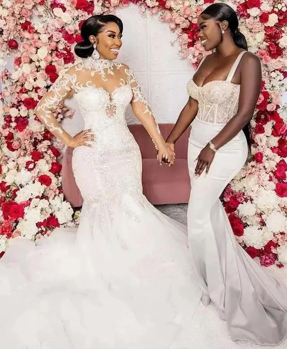 Vestido de casamento sereia africano, mangas compridas, apliques de renda, cristal de luxo, vestido de noiva, ilusão de tule, feito sob encomenda