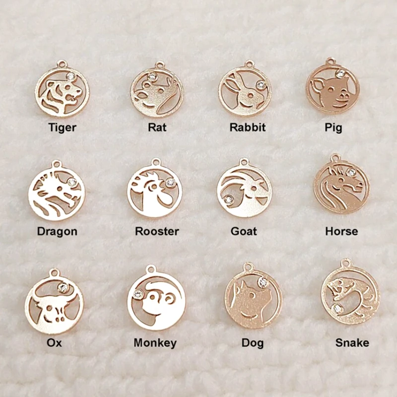 Real 14K Gold Filled 9mm Disc Chinese Zodiac Charm With CZ Zircon For Bracelet Necklace Making Findings Jewelry DIY Accessories