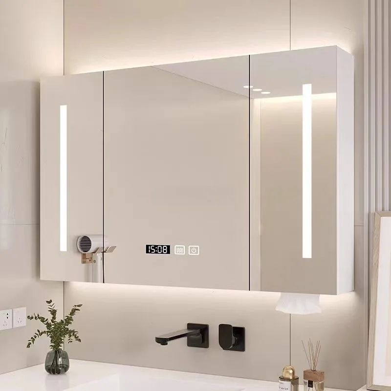 

Simple Intelligent Bathroom Mirror Cabinet, Bathroom Wall-mounted Solid Wood Storage Lamp Locker, Makeup Mirror Demist Rack