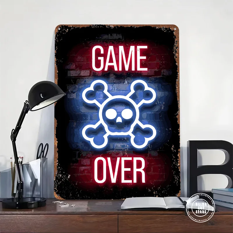 Game Over Neon Skull Printed Poster Customized Wall Art Retro Vintage Metal Tin Signs for Room Decoration Home Decor Items Plate