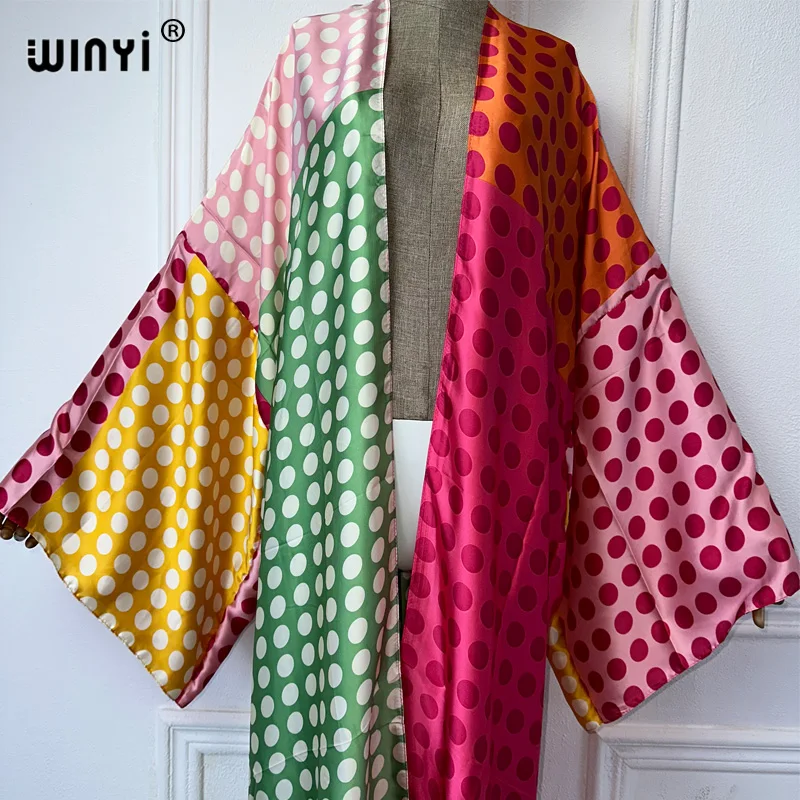 Winyi Kimono Vrouwen Dot Gradiënt Print Lange Mouw Vest Vrouwelijke Blouse Losse Abaya Strandkleding Cover Up Boho Dress Party Kaftan