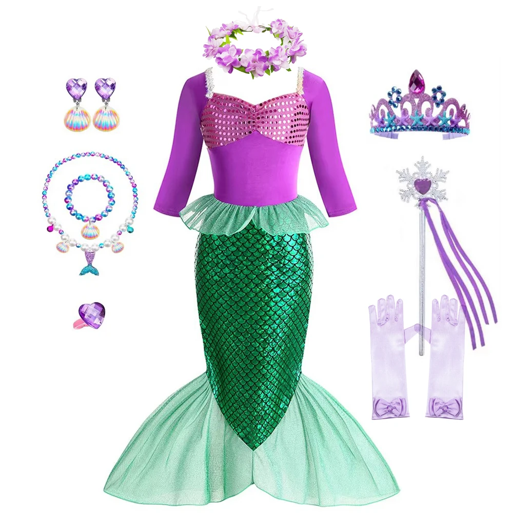

Mermaid Costume Girl Purple Long Sleeve Princess Girl Halloween Costume for Baby Clothes Christmas Birthday Party Carnival