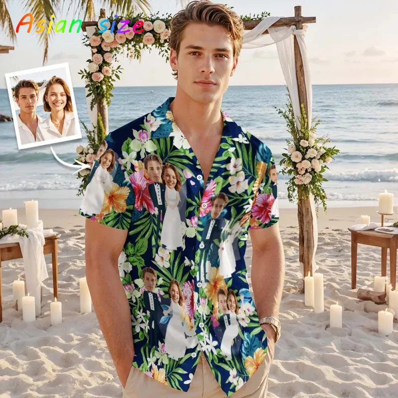 

Free Custom Photo Face Hawaiian Shirts Couple Clothing Coconut Tree Pattern Personalized Diy Face Husband And Wife Aloha Shirts