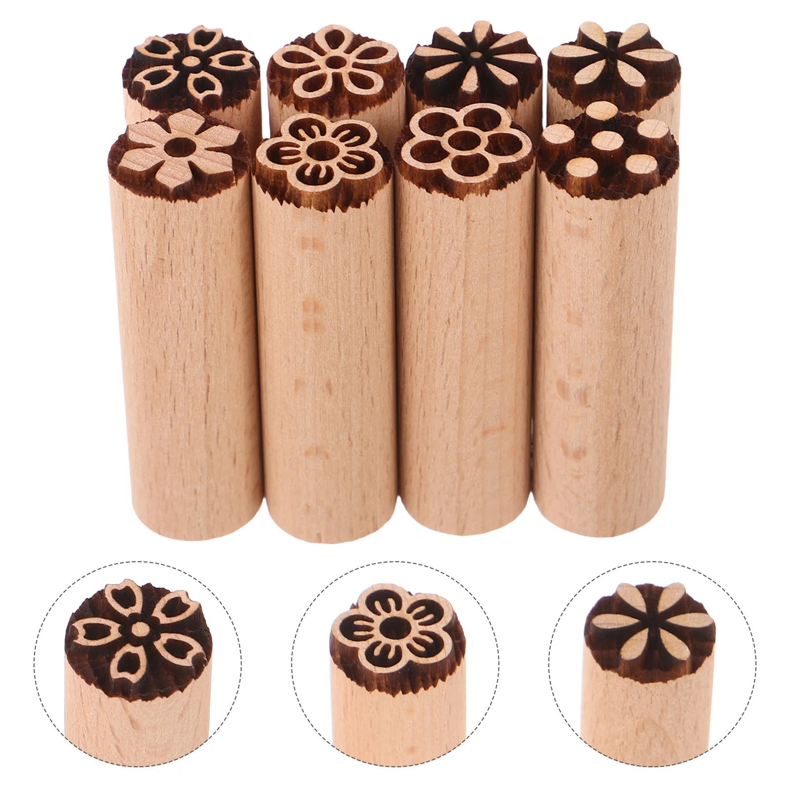 

8Pcs Wooden Clay Stamps Floral Engraved Stamp Blocks Unique Pottery Texture Stamps Round Handle Embossing Stamp Tools for DIY