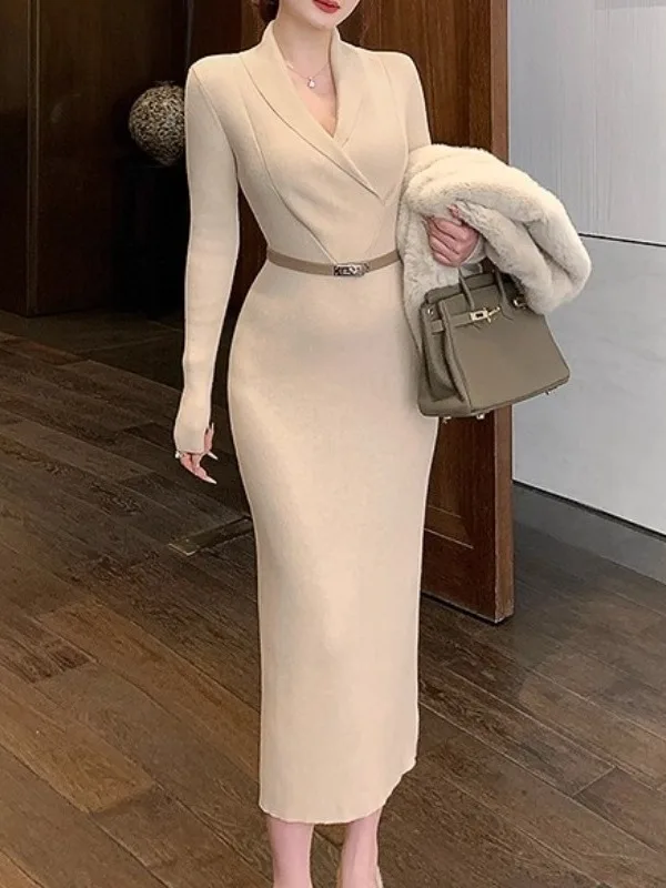 

Корейское вязаное платье-свитер с V-образным вырезом для женщин, осенне-зимнее, облегающее, под пальто, в комплекте с носком под пальто