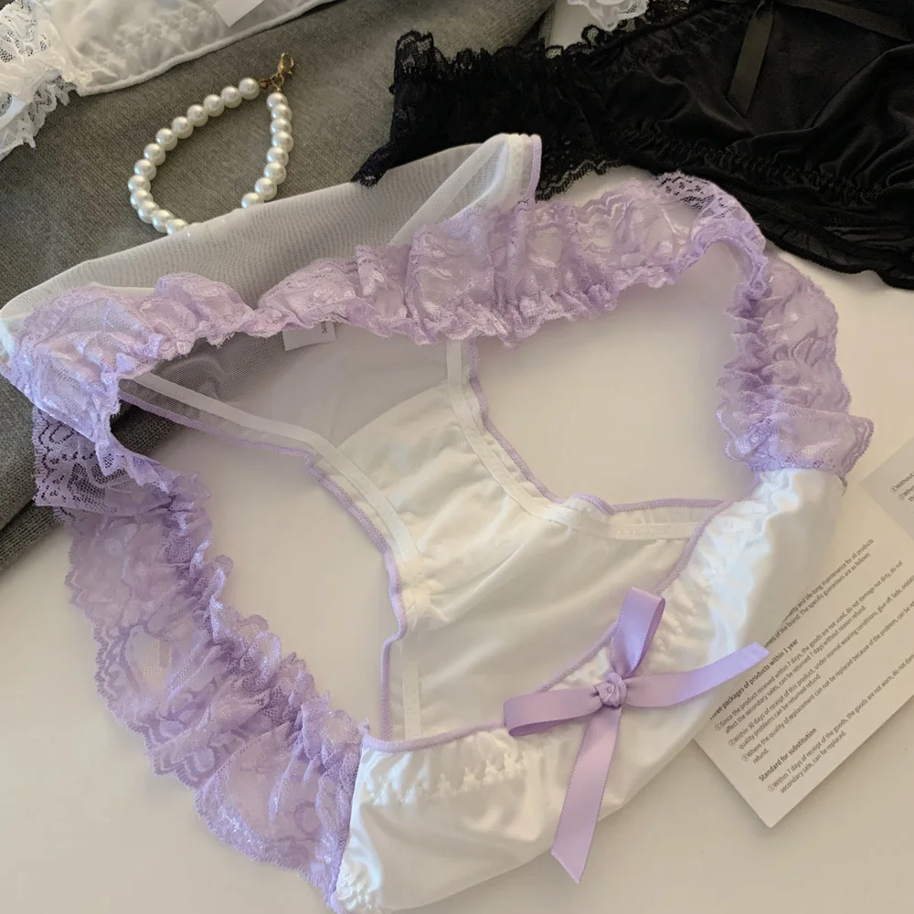 Dámské kalhotky s krajkou a volánky, sexy saténové spodní prádlo, dámské síťované duté kalhotky s nízkým pasem, prodyšné kalhotky s dlouhým rukávem, spodní prádlo - náhled 6