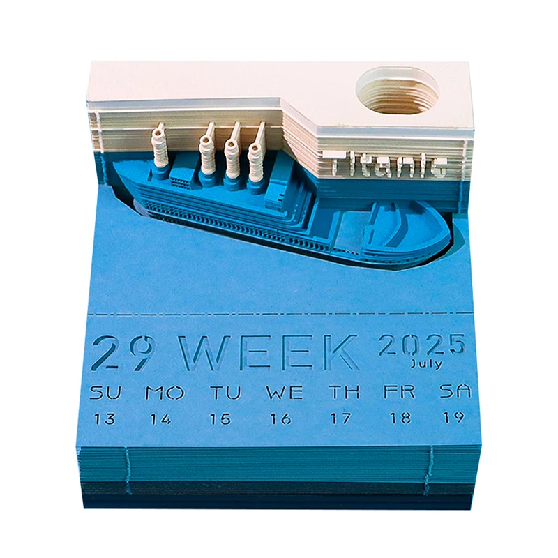 3D Ocean Liner Desk Calendar com Luzes LED, Memo Pad Criativo, Notas DIY, Notepad, Papel de Arte, 2025