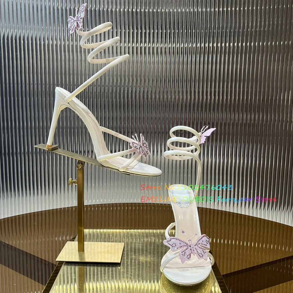 Pink Butterfly Wrapped High Heel Sandals Silk Peep Toe Classic Spiral Snake Winding Sexy Fairy Stiletto Heel Women Wedding Shoes